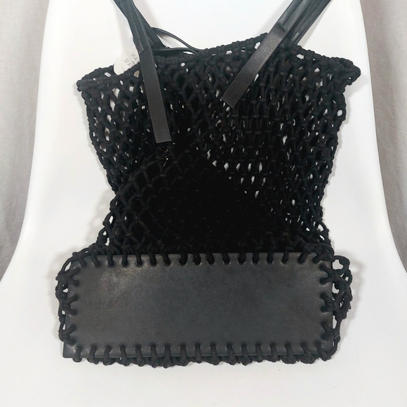 Zara black handmade fishnet shopping bag w zippered canvas pouch, NWT - Picture 6 of 9